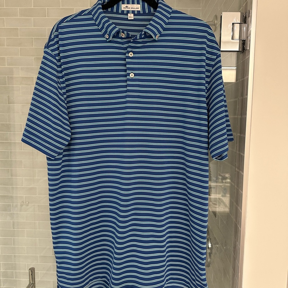 Peter Millar Blue Green and White Striped Polo Shirt
